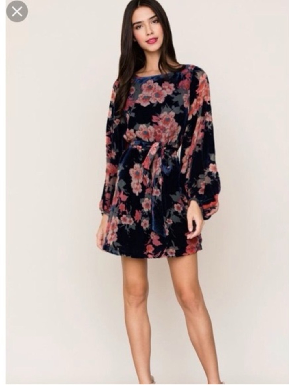 Yumi Kim Navy Velvet Mini Dress with Pink Floral Print